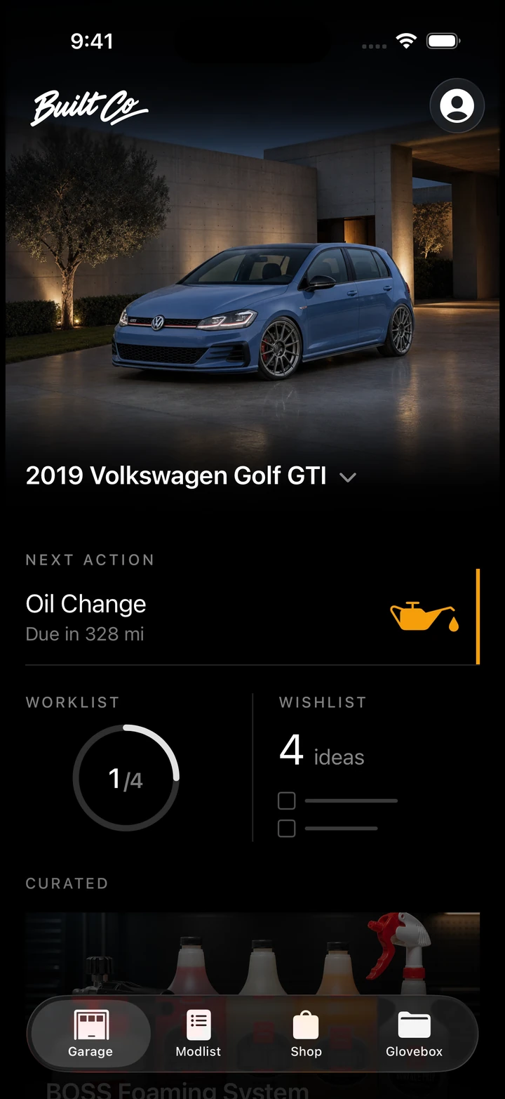 Garage with a blue Volkswagen Golf GTI, an oil change due in 328 miles, and Work List and Wish List summaries.