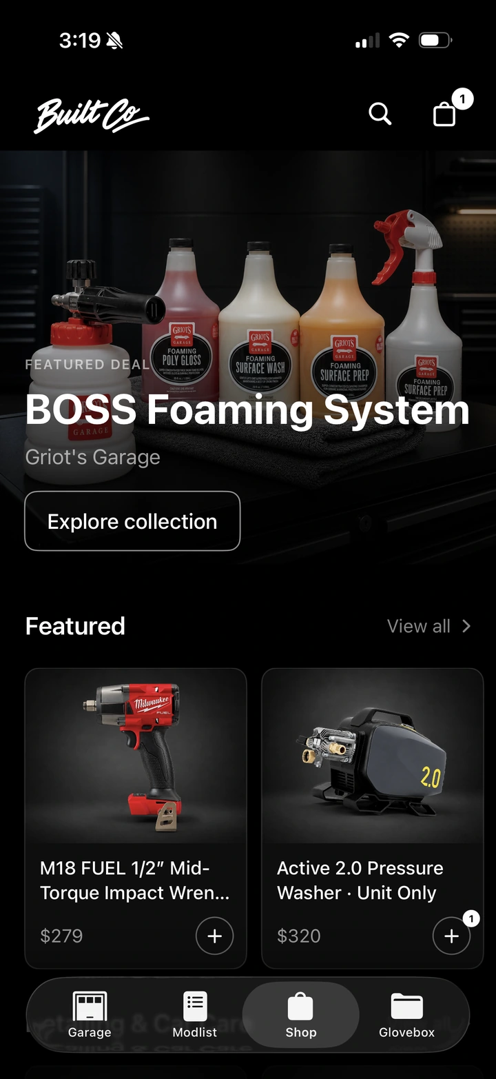 Shop featuring the BOSS Foaming System, a Milwaukee impact wrench and an Active 2.0 pressure washer.