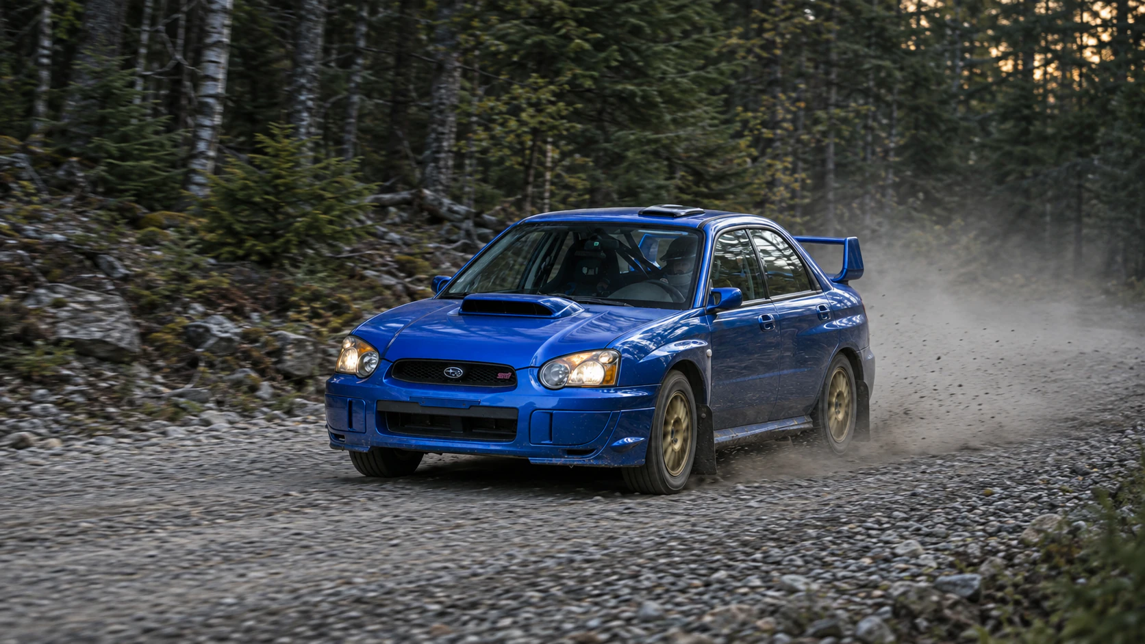 A blue Subaru rally car moving through a forest gravel stage.